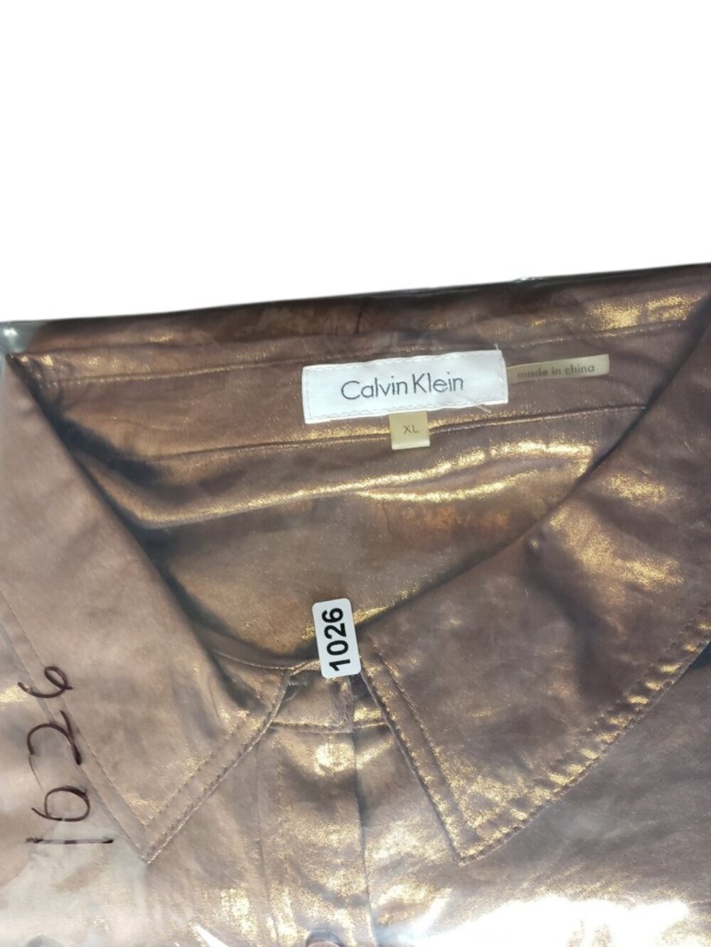 Calvin Klein Button Up Roll Tab Sleeves Womens Shirt Metallic Bronze XLarge - Picture 12 of 12